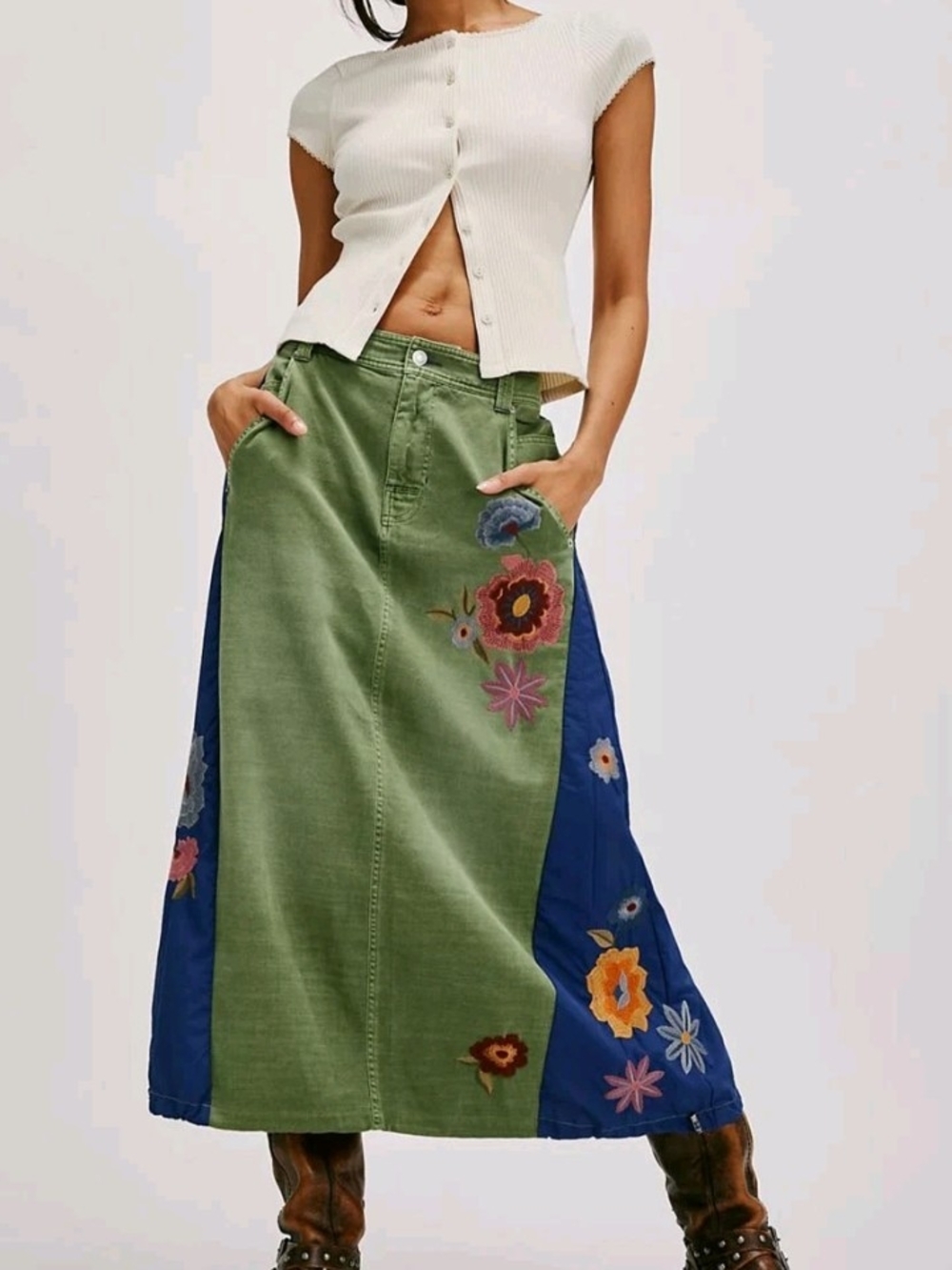 Free People Front Runner Embroidered Patchwork Maxi Skirt - Green & Blue